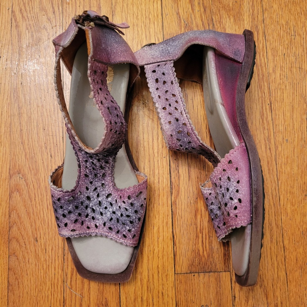 Spring Step L'Artiste Purple Leather Cutout Ankle Strap Wedge Sandals Watercolor